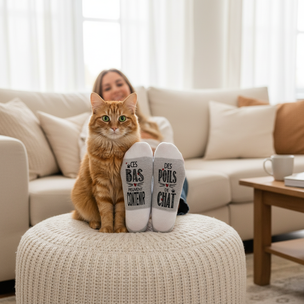 Lifestyle bas de laine poils de chat avec chat sur canapé version 3