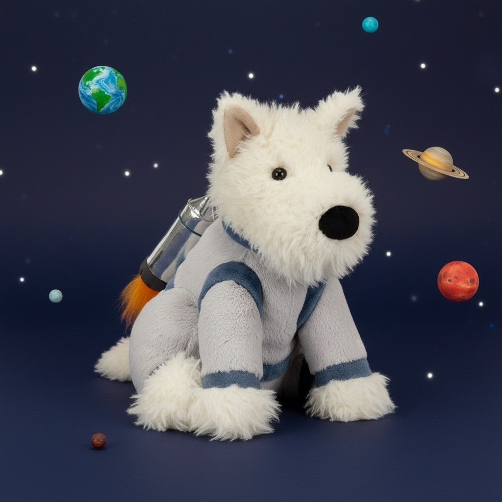 Jellycat Munro Scottie Dog — Peluche Chien Tenue Spatiale en ambiance étoilée