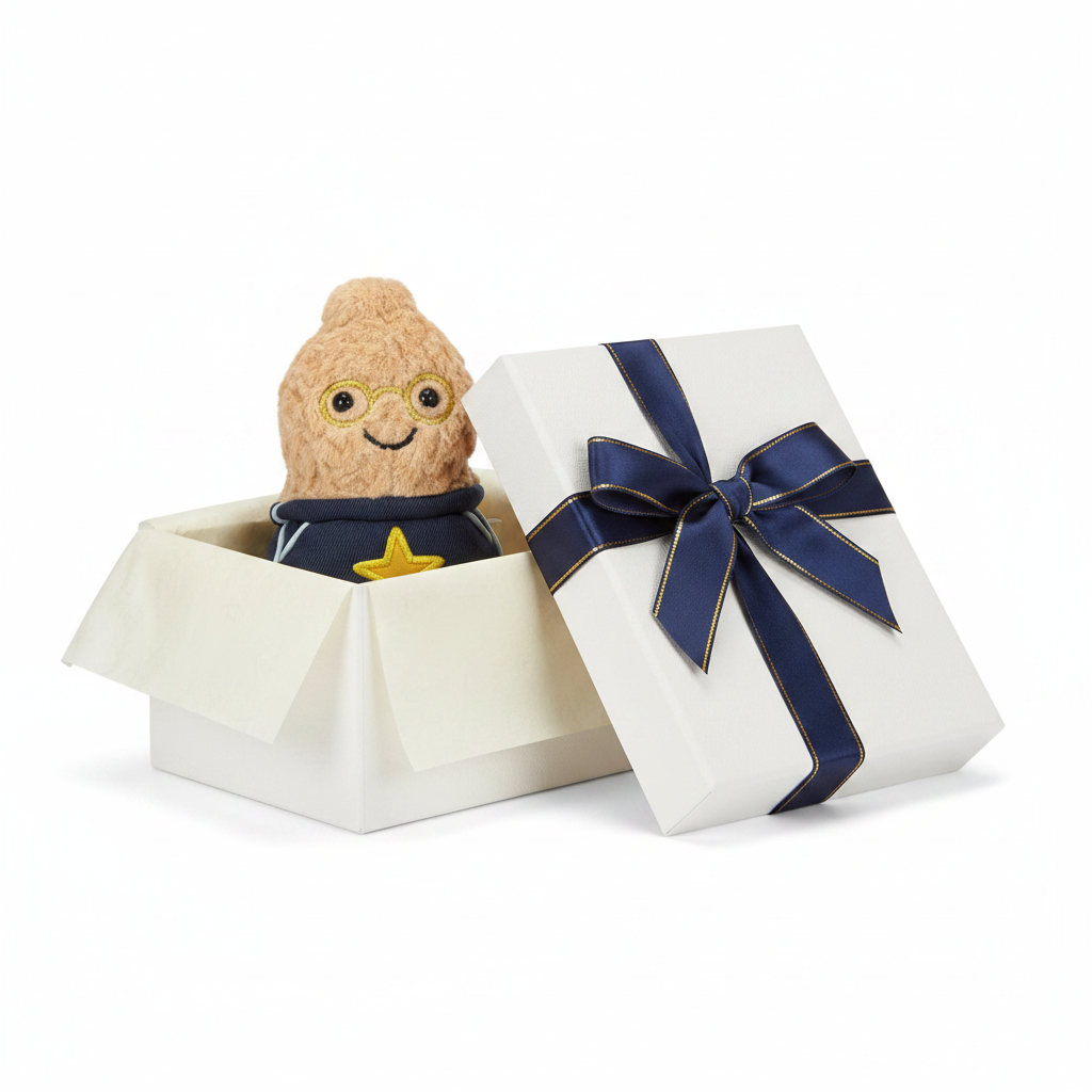 Jellycat Amuseable Peanut Star présenté comme cadeau avec ruban