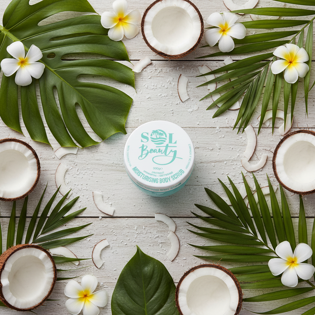Gommage corps Sol Beauty Noix de coco sur surface en bois, ambiance spa tropicale avec noix de coco et fleurs blanches