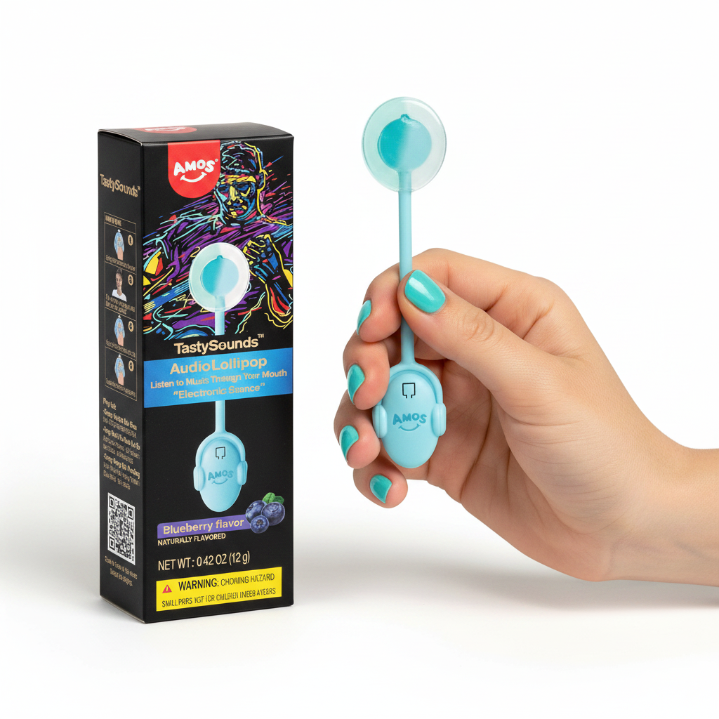 AMOS TastySounds Audio Lollipop bleuet tenu par une main — suçon musical