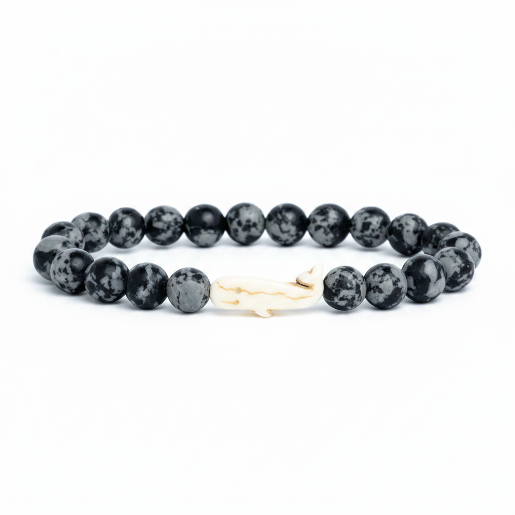 Bracelet Fahlo Baleine Ocelli Stone perles obsidienne noire sur fond blanc