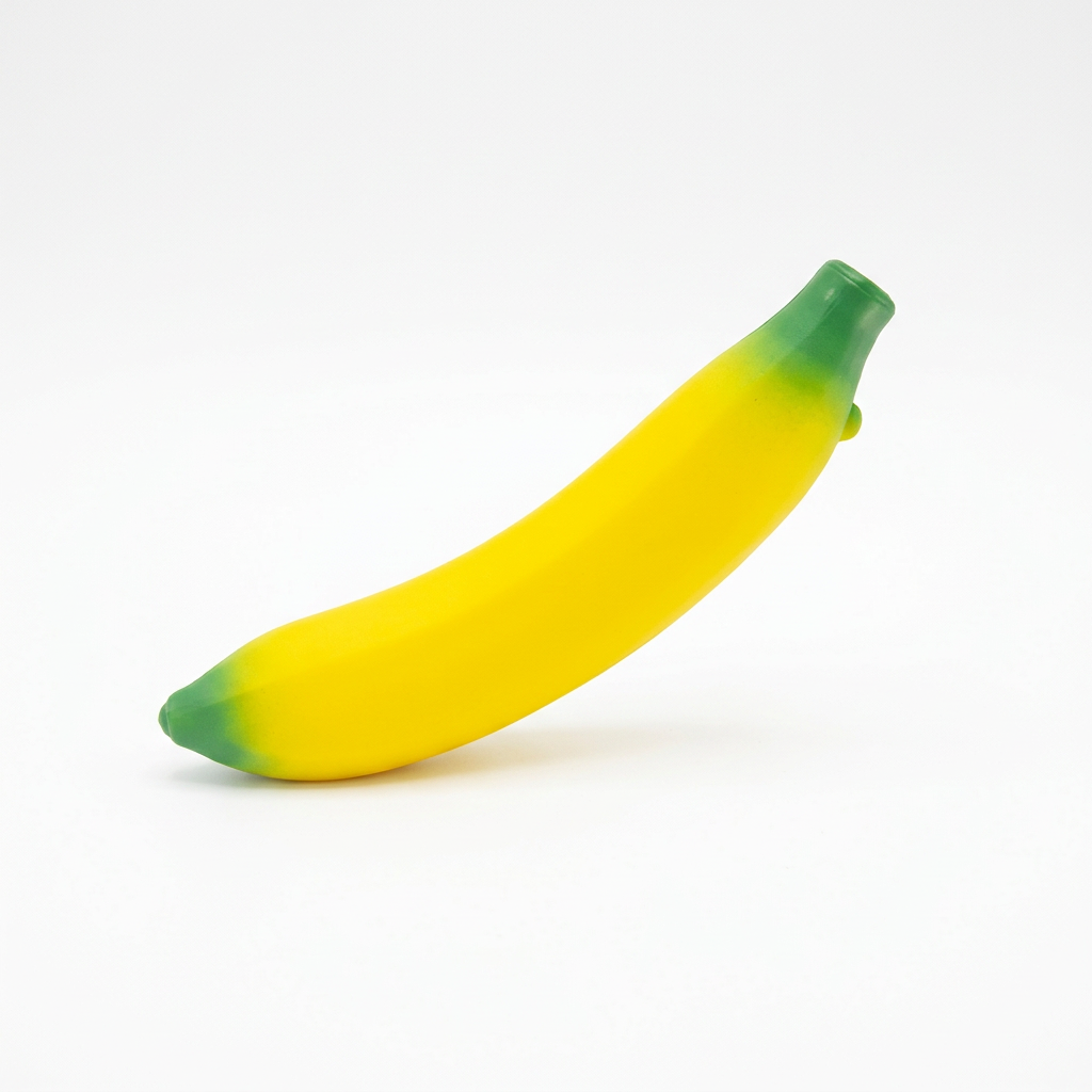 Jouet anti-stress banane jumbo Ricochet jaune aux extrémités vertes sur fond blanc