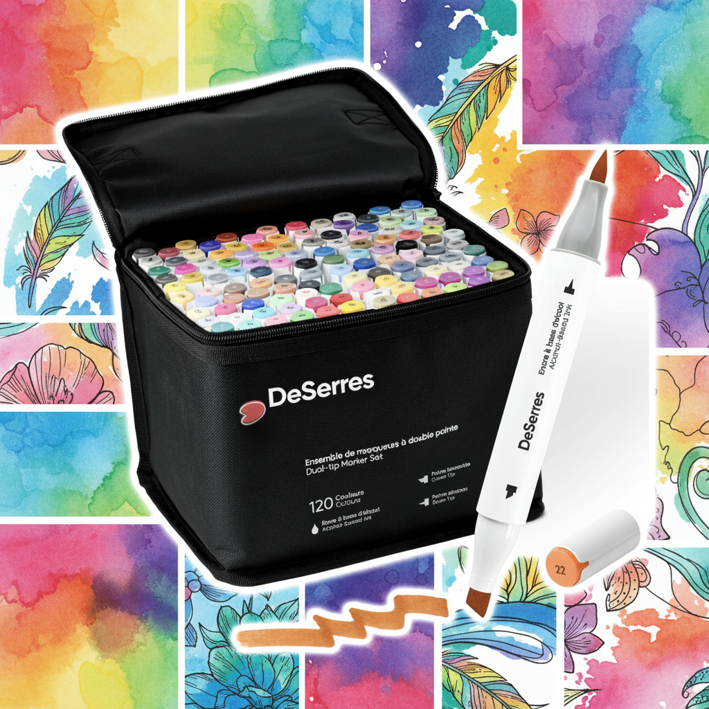 Ensemble de marqueurs à l’alcool DeSerres 120 couleurs dans grande pochette noire avec swatches colorés sur fond blanc