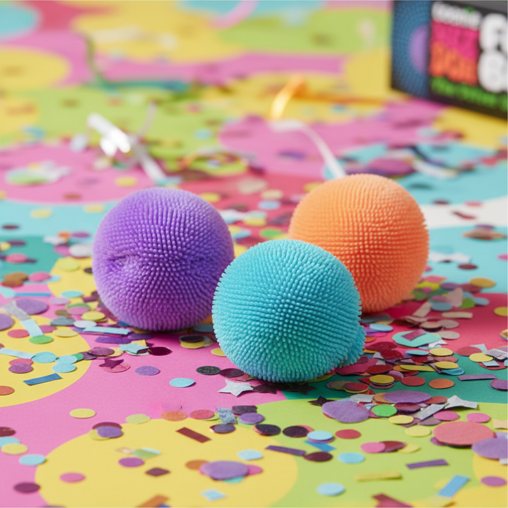 Nee Doh Teenie Fuzz Ball balles colorées sur surface festive avec confettis