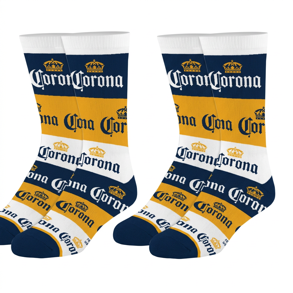 Paire de chaussettes Corona à bandes bleu marine, jaunes et blanches sur fond blanc.