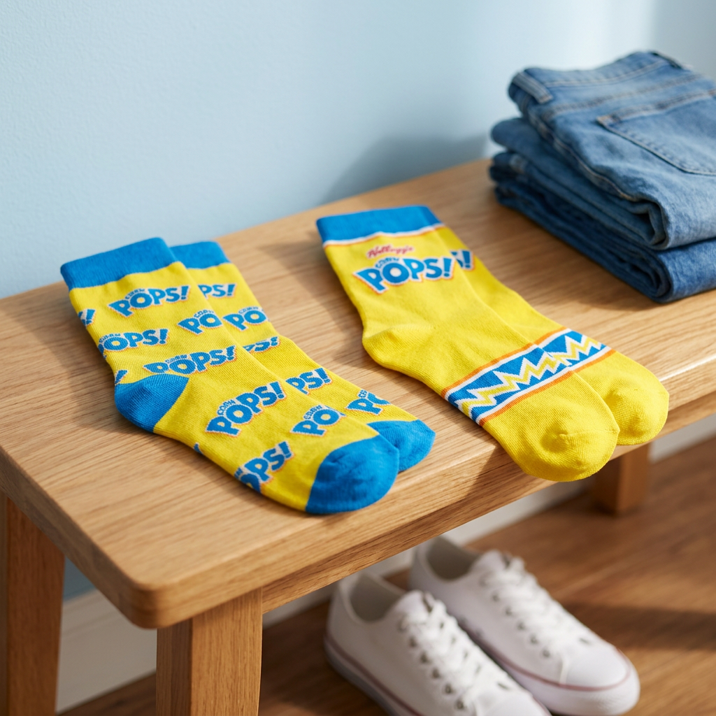 Deux paires de chaussettes Corn Pops dans un décor décontracté avec jeans et espadrilles, sans texte ajouté.