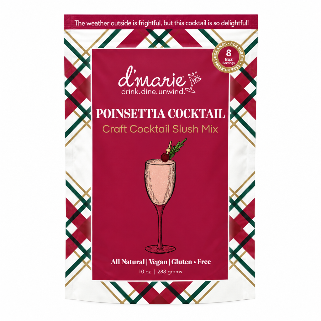 Pochette D’Marie Poinsettia Cocktail Craft Cocktail Slush Mix sur fond blanc carré, 10 oz et 288 grams