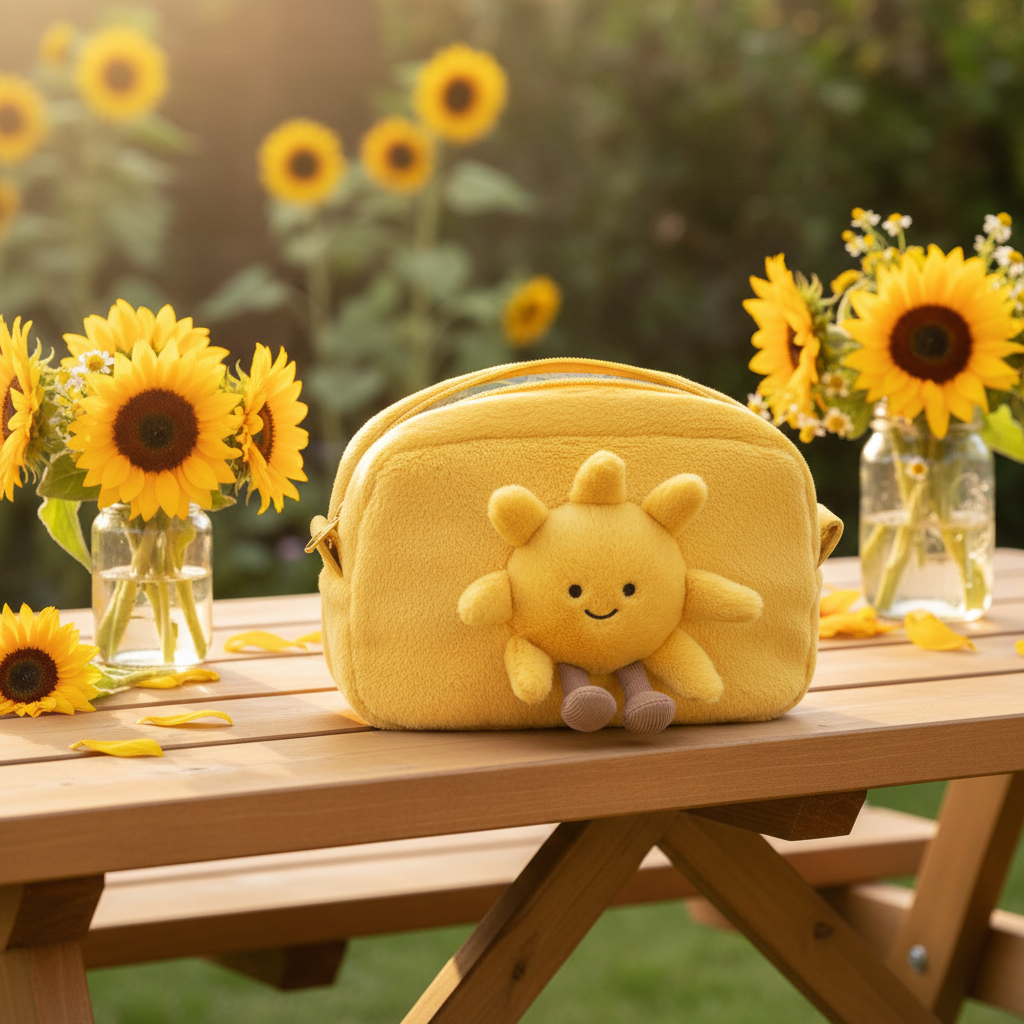 Jellycat Amuseable Sun Pouch — Pochette soleil avec petit soleil en peluche, ambiance ensoleillée avec tournesols