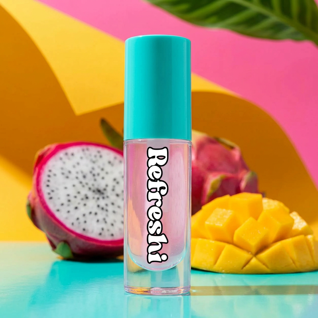 Huile à lèvres Refreshi Mango Dragon Fruit au premier plan avec de la mangue et du fruit du dragon dans un décor tropical coloré.