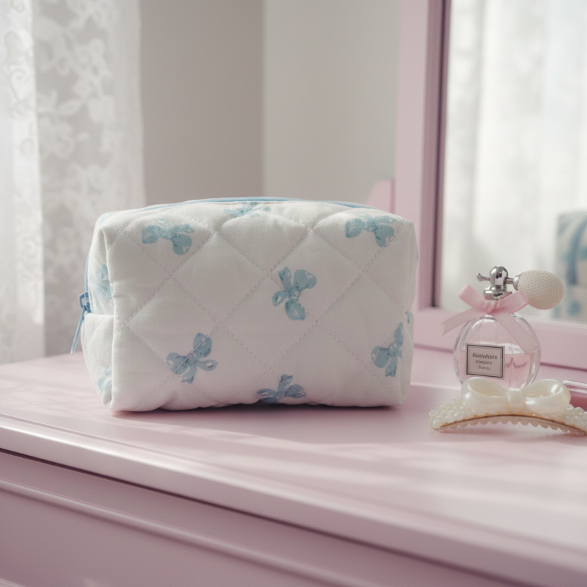 Trousse cosmétique matelassée nœuds bleus Josslyn - lifestyle coquette