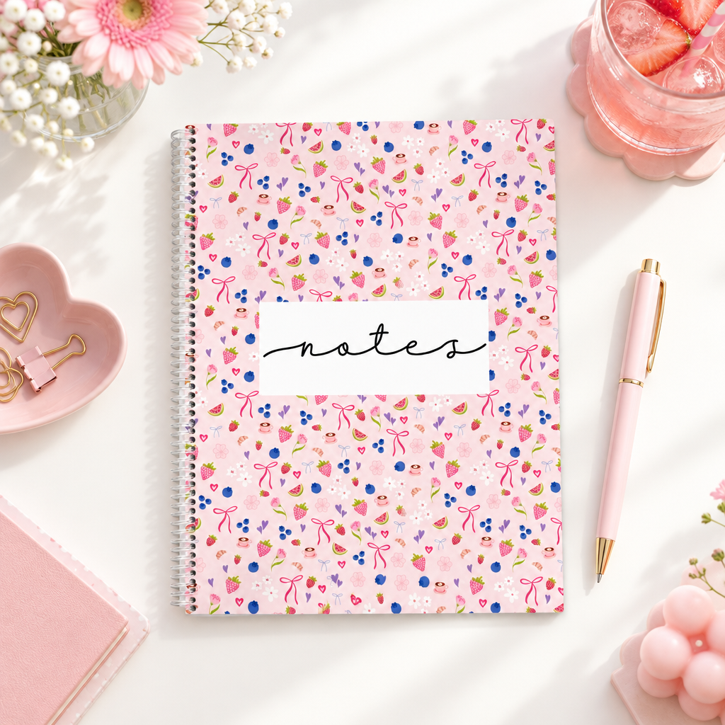 Cahier de notes rose à motifs fruités présenté sur un bureau lumineux avec un stylo