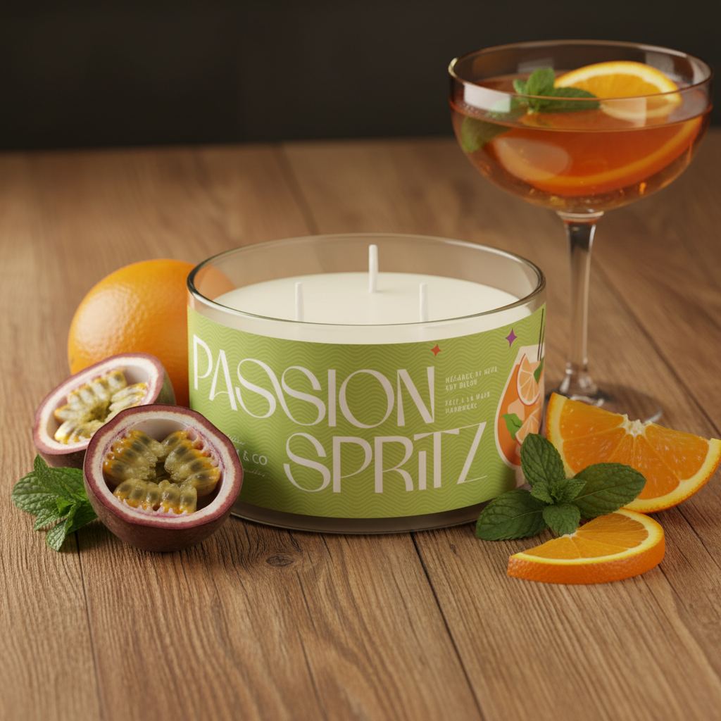 Chandelle Passion Spritz Three Wix & Co avec fruits de la passion, agrumes et menthe fraîche