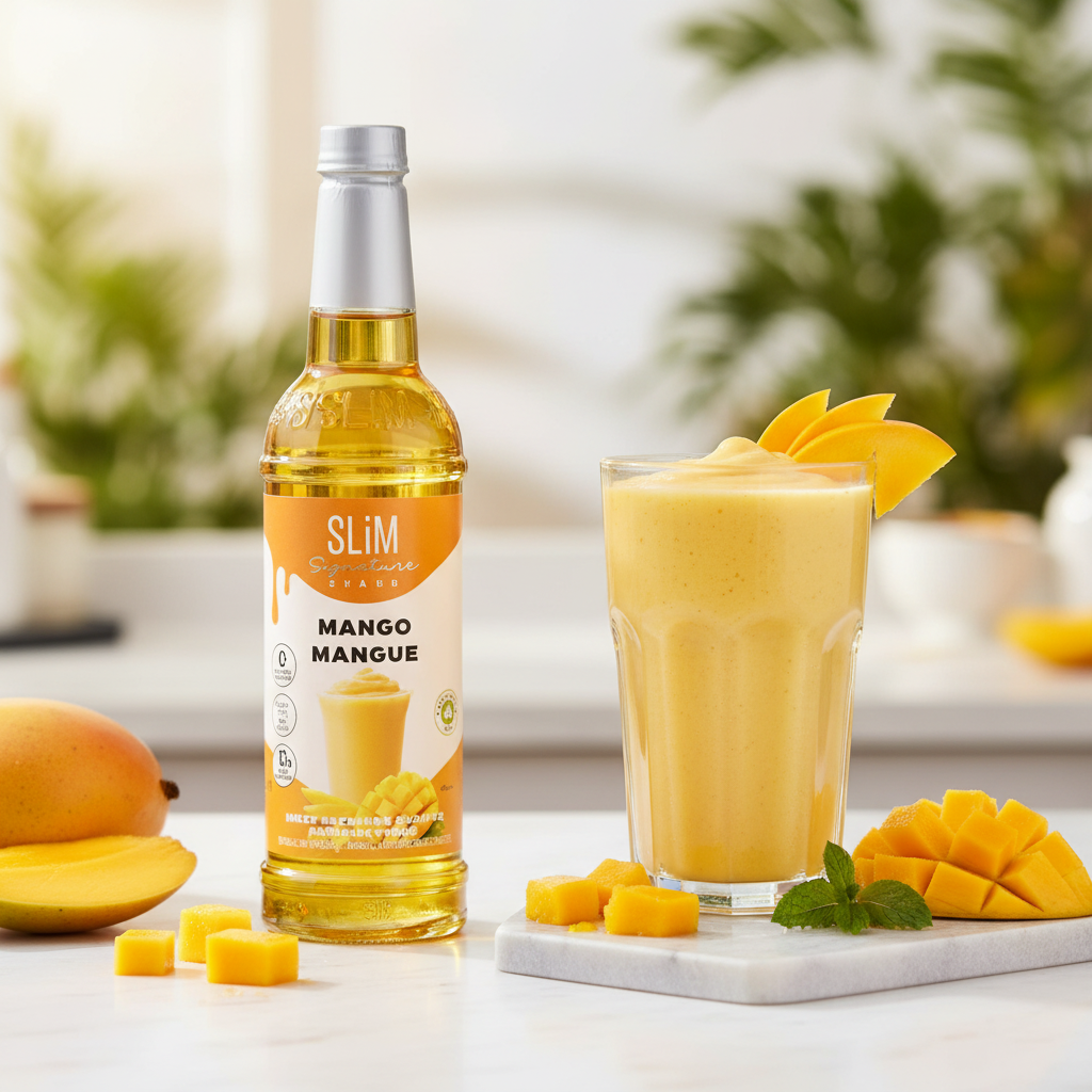 Sirop SLiM Mangue avec smoothie tropical et tranches de mangue fraîche