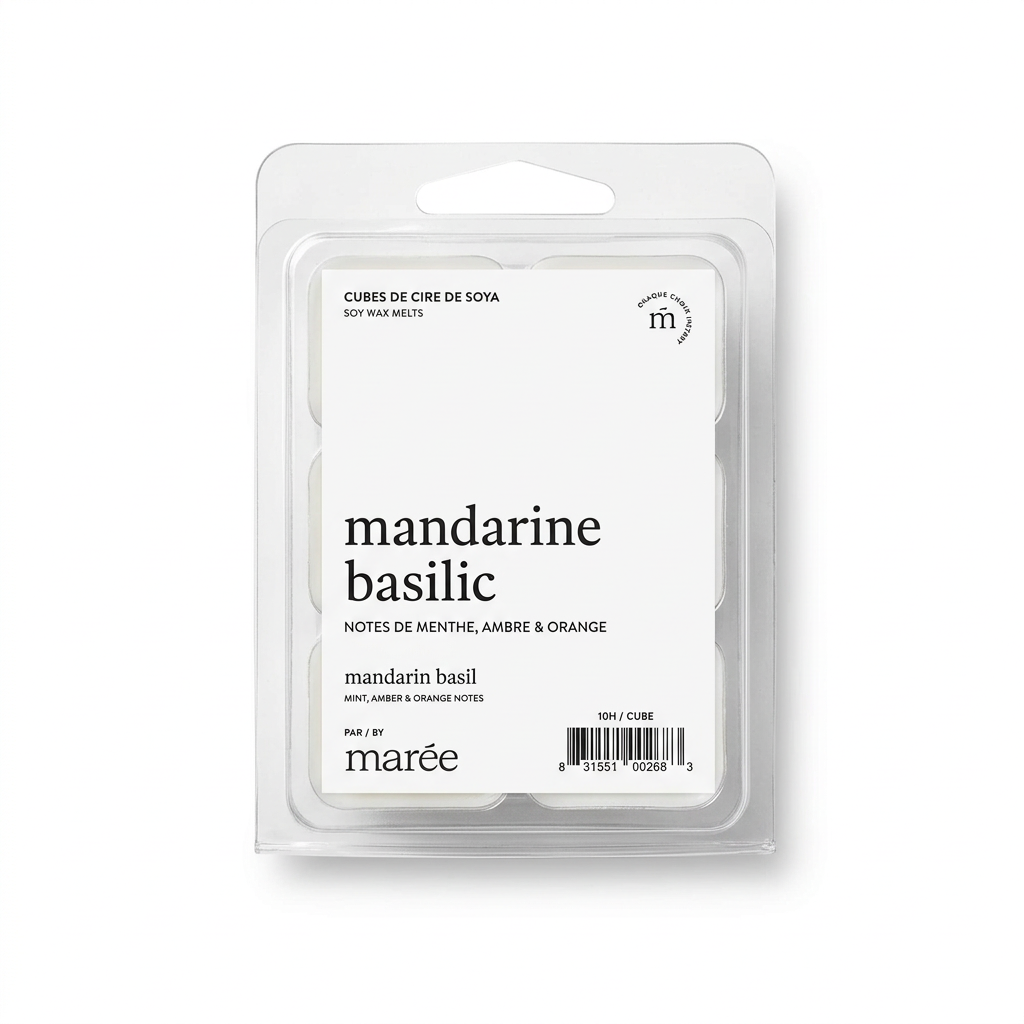 Cubes de cire de soya Mandarine et basilic Marée sur fond blanc