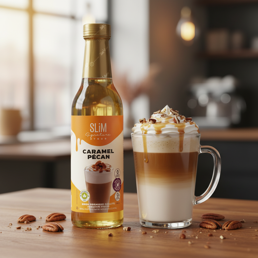 Sirop SLiM Caramel Pécan avec latte caramel, crème fouettée et noix de pécan, ambiance café automnal