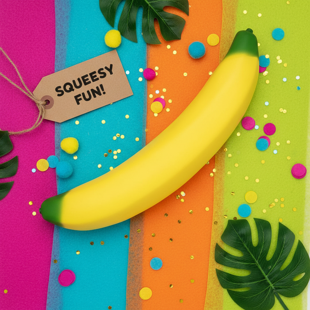 Flat lay banane squishy jumbo avec accessoires tropicaux