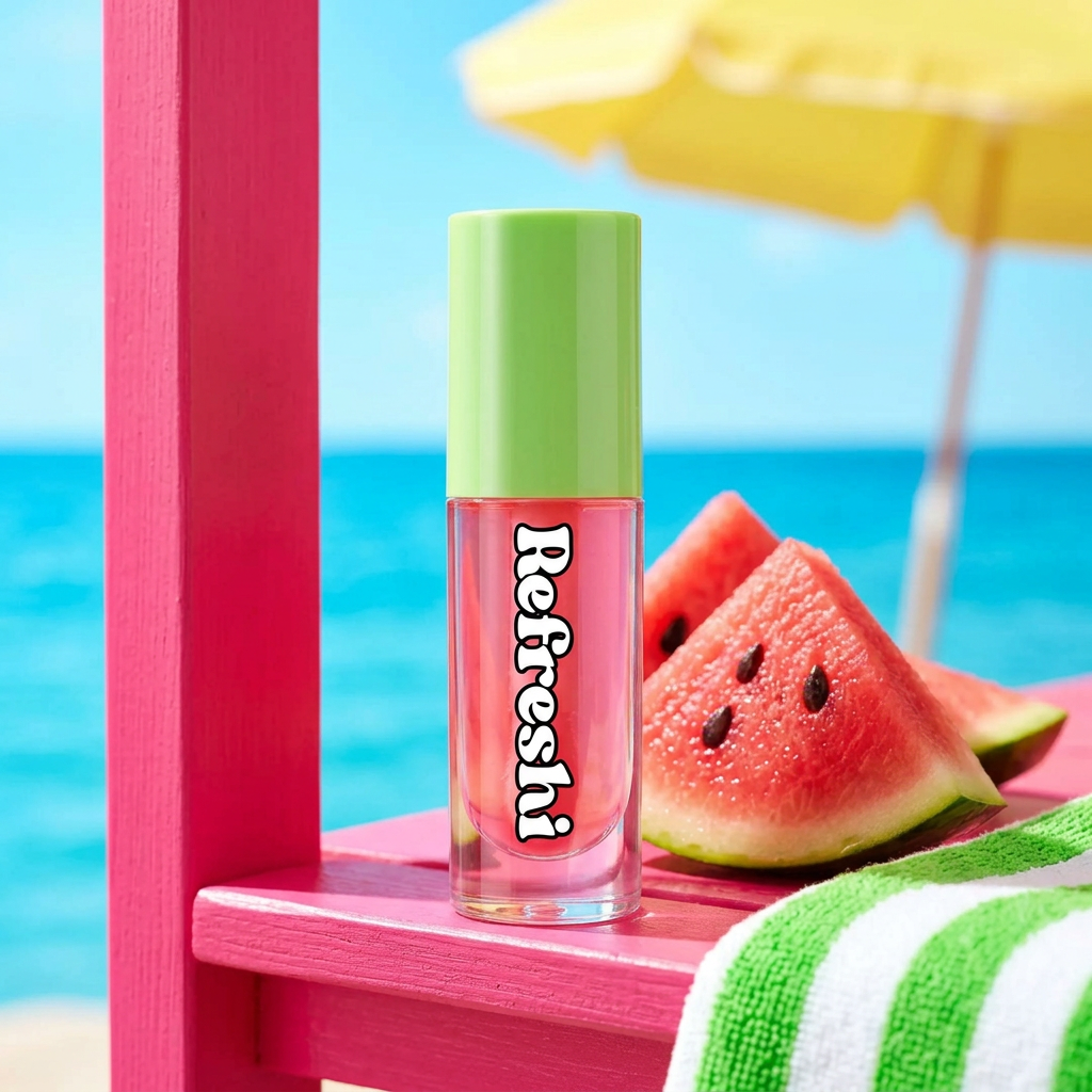 Huile à lèvres Refreshi Sour Watermelon dans une ambiance de plage rose vif et vert lime avec du melon d’eau.