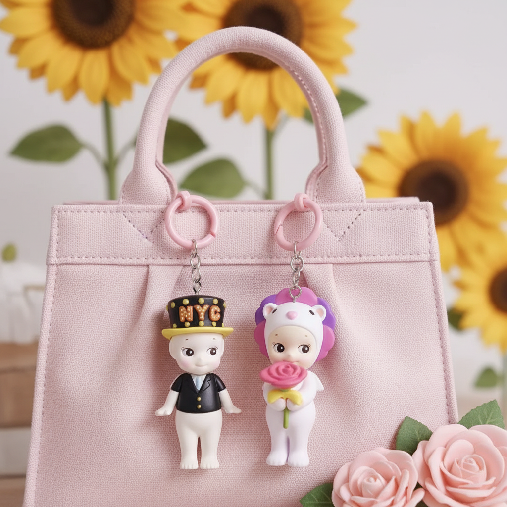 Deux figurines kawaii porte-clé ange suspendues sur sac rose avec tournesols et roses en arrière-plan
