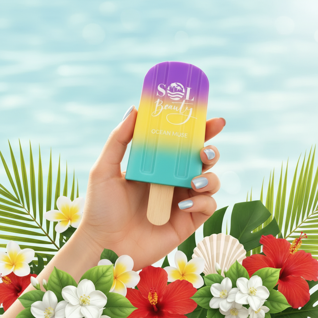 Main tenant le flacon popsicle Sol Beauty Ocean Muse violet-jaune-turquoise avec fleurs tropicales