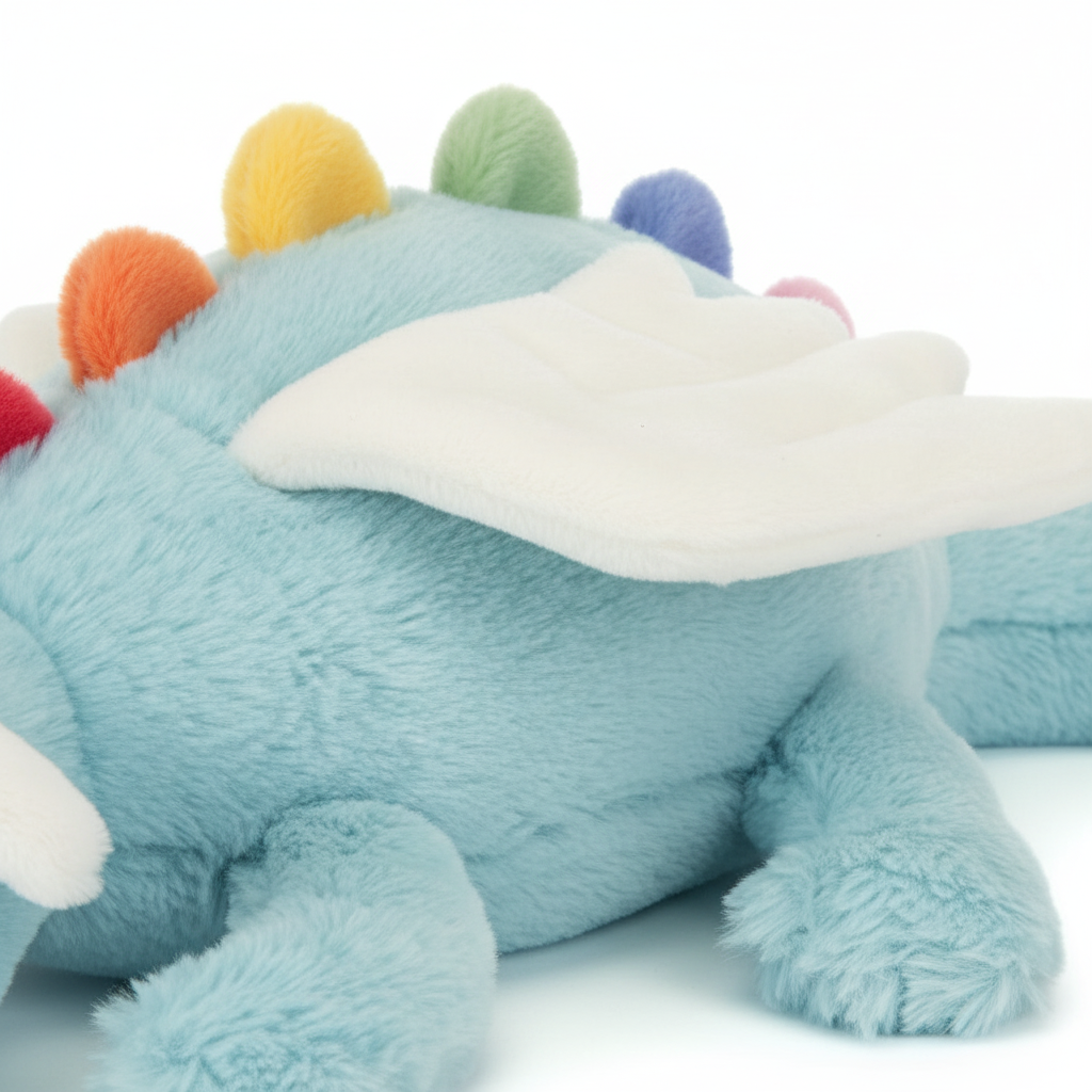 Gros plan texture fourrure et piquants arc-en-ciel du Jellycat Sky Dragon