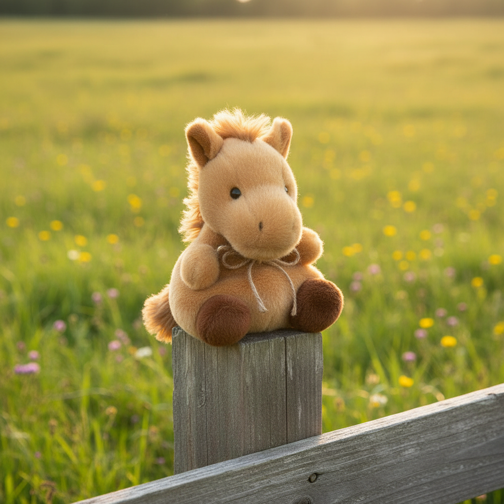 Peluche poney Gallop Aurora caramel dans ambiance campagne lifestyle