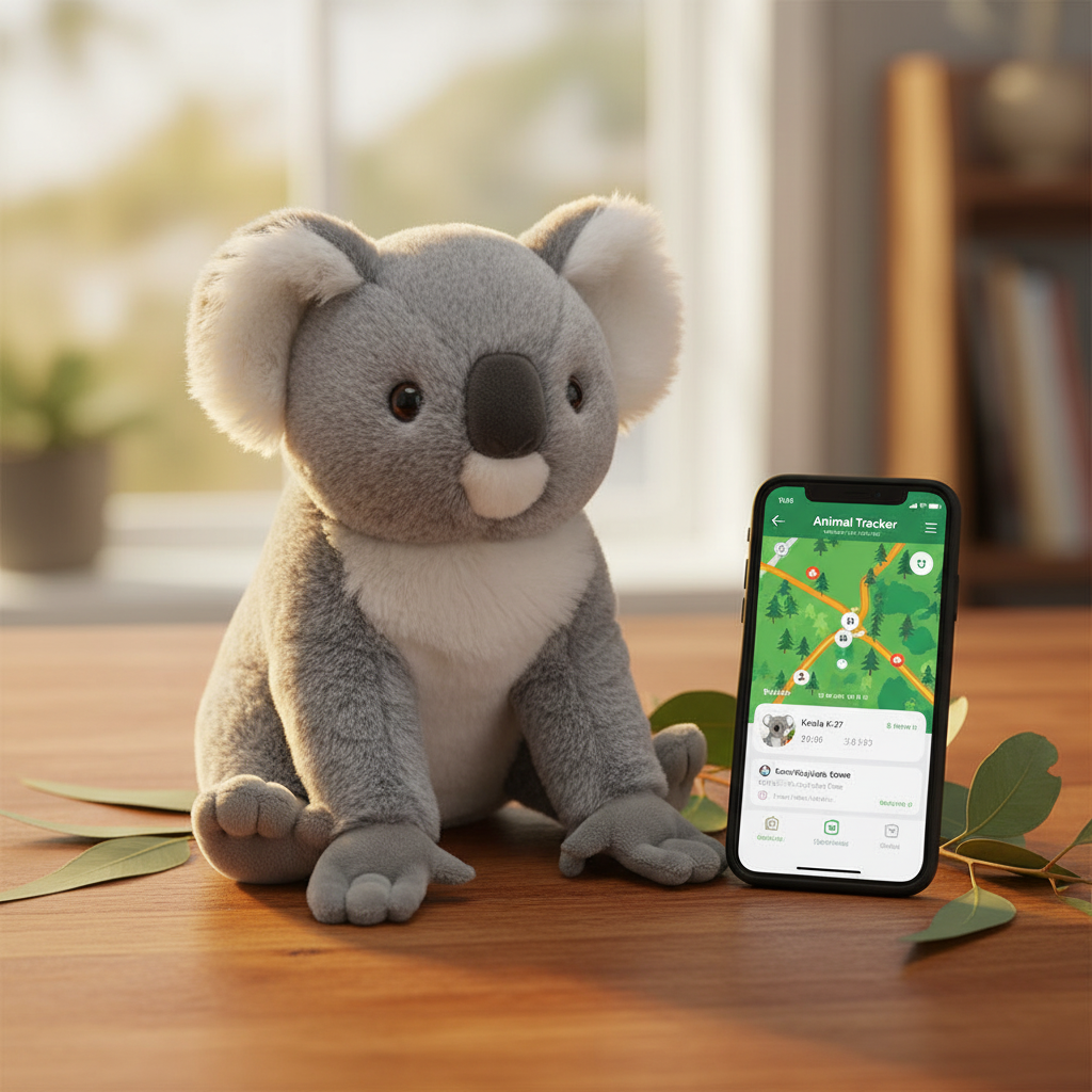 Peluche koala Fahlo avec l’application de suivi Fahlo et feuilles d’eucalyptus