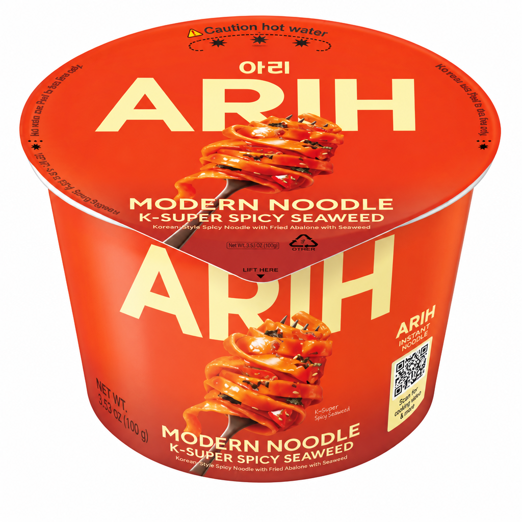 Bol rouge de nouilles ARIH Modern Noodle K-Super Spicy Seaweed sur fond blanc