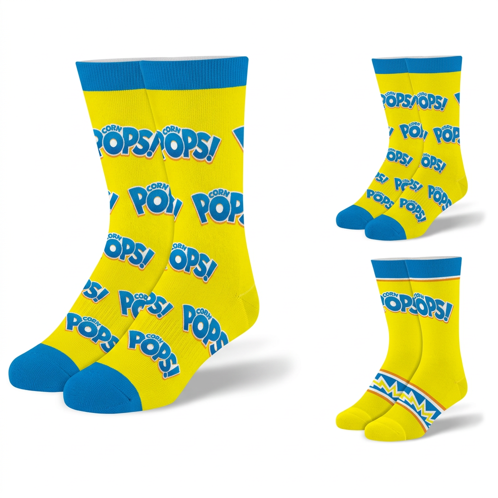 Deux paires de chaussettes Corn Pops jaunes et bleues sur fond blanc, sans texte ajouté.