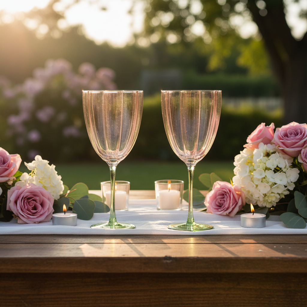 Deux coupes à vin Pétal sur table romantique en terrasse