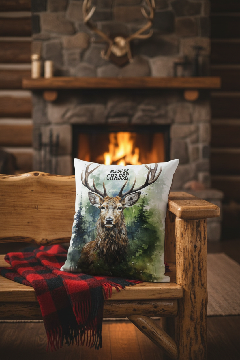Coussin Mordu de Chasse Cerf - décor chalet rustique