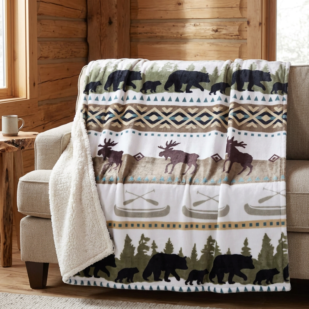 Couverture Hidden Lake à motifs d’ours, d’orignaux et de canots déployée sur un divan au chalet