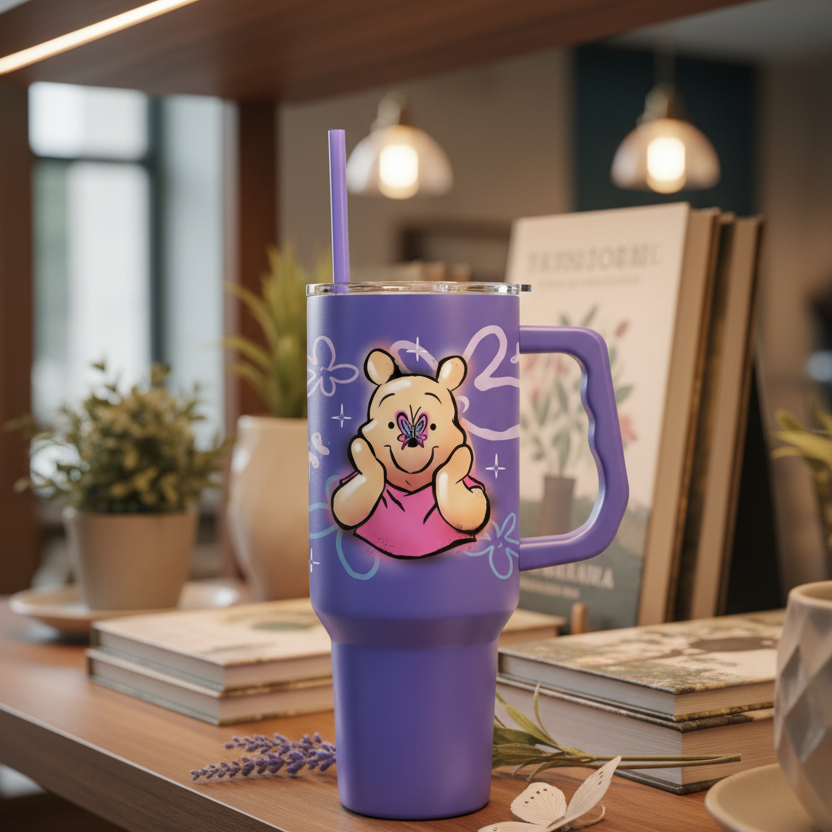 Tumbler Winnie l'Ourson violet en boutique – ambiance cadeau