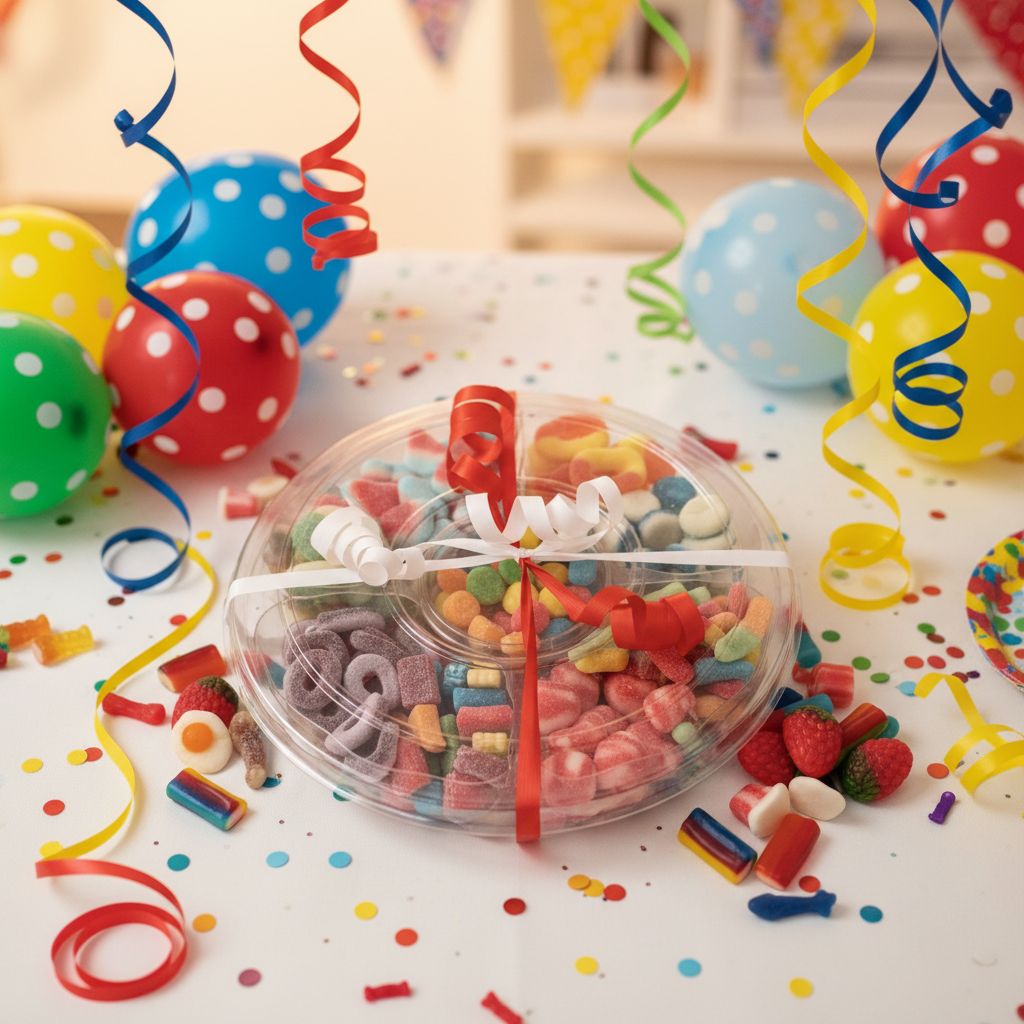 Plateau de jujubes sûrs colorés sur table festive avec confettis et ballons