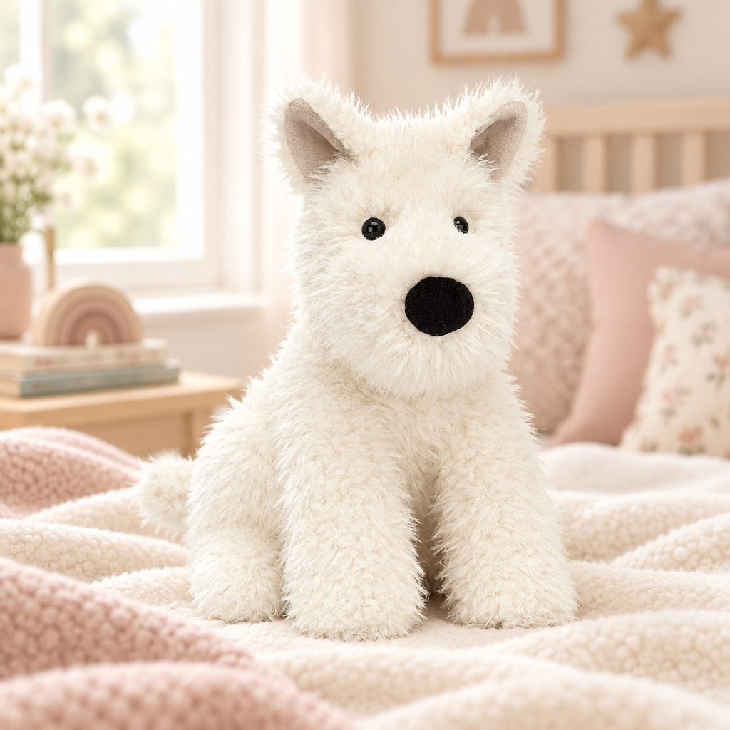 Peluche chien Munro Scottie blanche de Jellycat installée sur une couverture crème dans une chambre d’enfant lumineuse