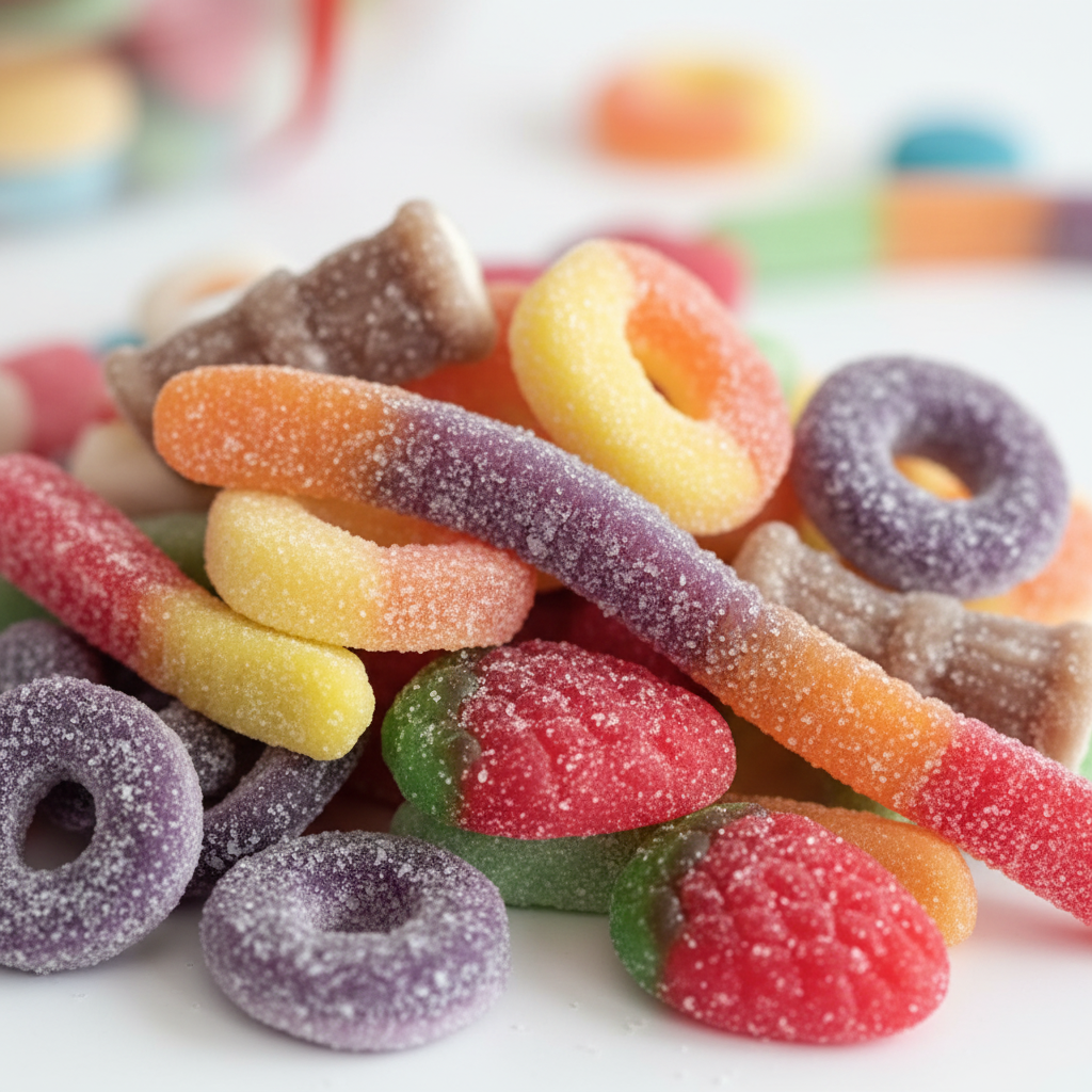 Gros plan de jujubes sûrs colorés brillants avec cristaux de sucre — anneaux de réglisse, pêches, vers, fraises acidulés