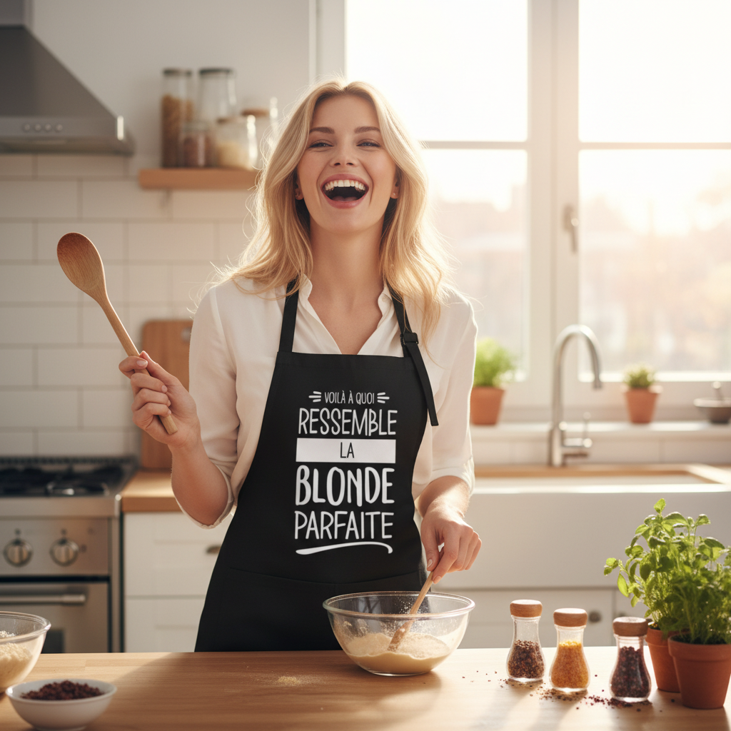 Femme blonde portant le tablier noir Voilà à quoi ressemble la blonde parfaite dans une cuisine
