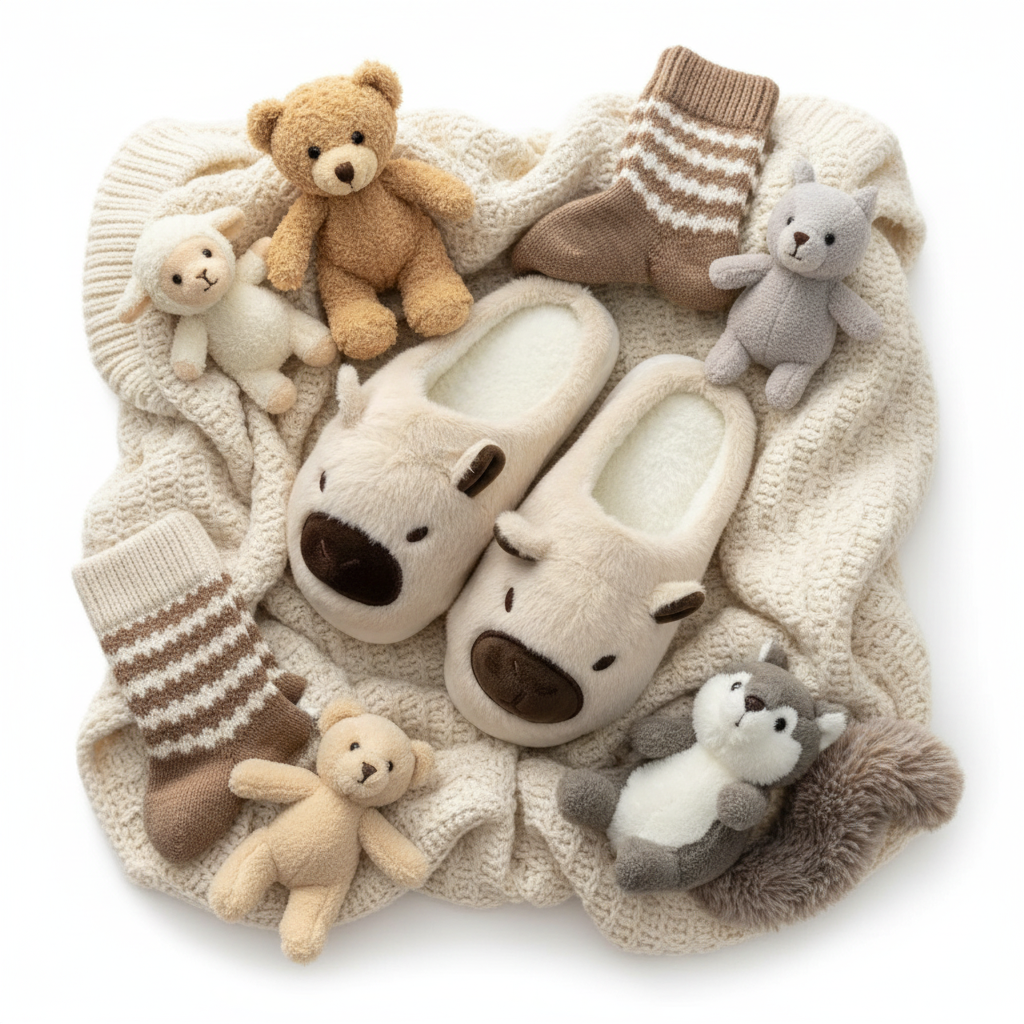 Pantoufles peluche Capybara beige crème sur fond blanc avec couverture douce et chaussettes