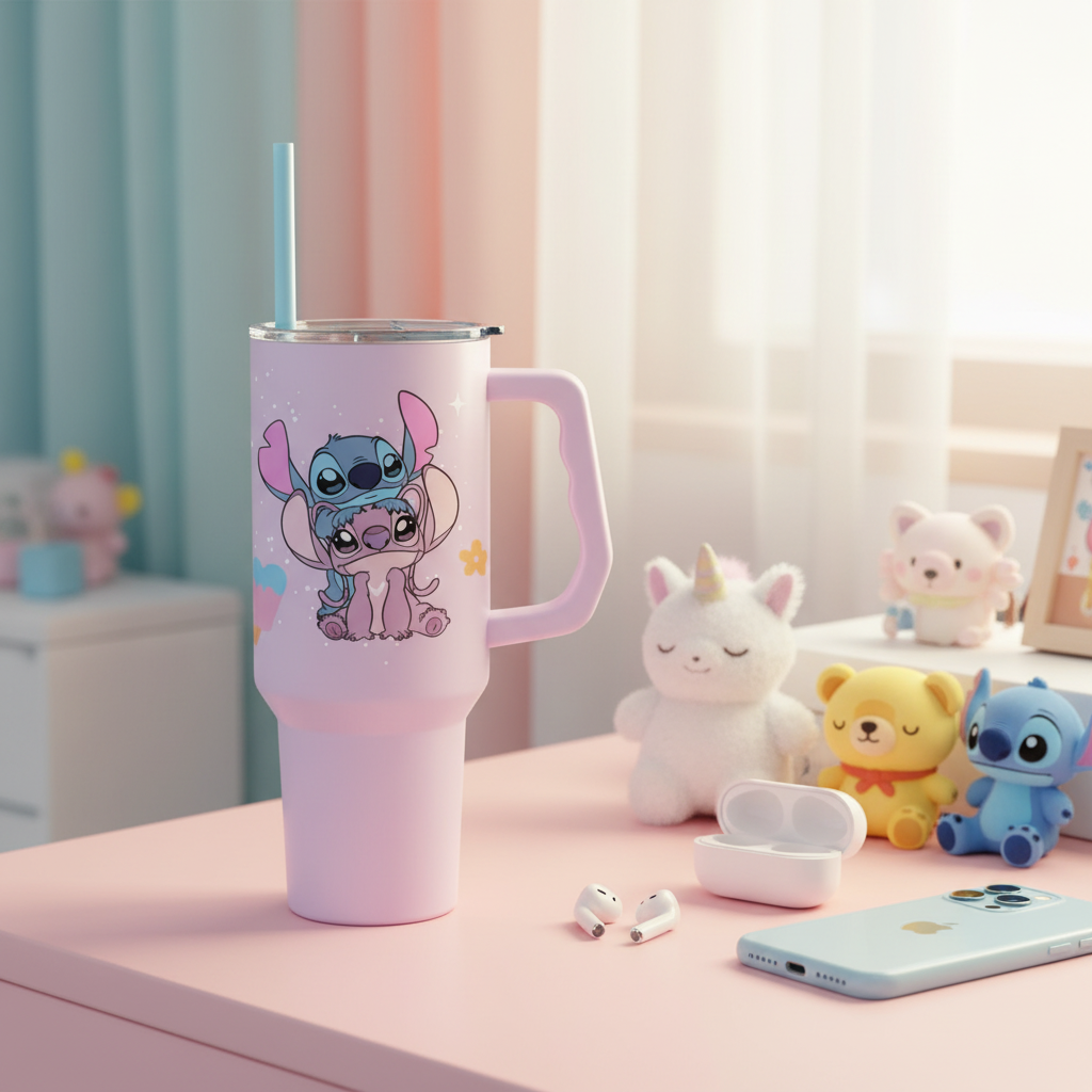Gobelet Stitch et Angel sur bureau pastel avec plantes et accessoires