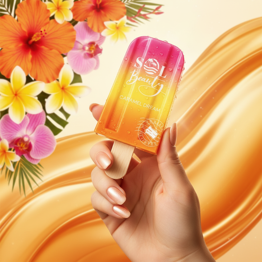 Main tenant le flacon popsicle Sol Beauty Caramel Dream rose-orange-jaune avec fleurs tropicales