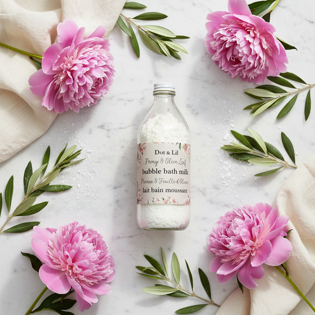 Lait bain moussant Pivoine Feuille d'Olivier Dot & Lil flat lay marbre avec pivoines