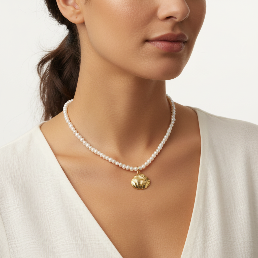 Collier Maya perles et coquillage doré porté au cou lifestyle