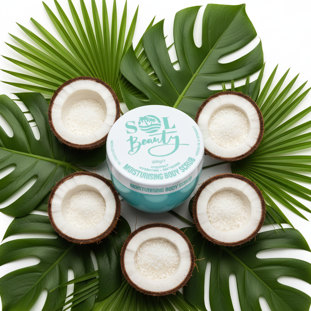 Gommage corps Sol Beauty Noix de coco sur fond blanc avec noix de coco fraîches et feuilles tropicales