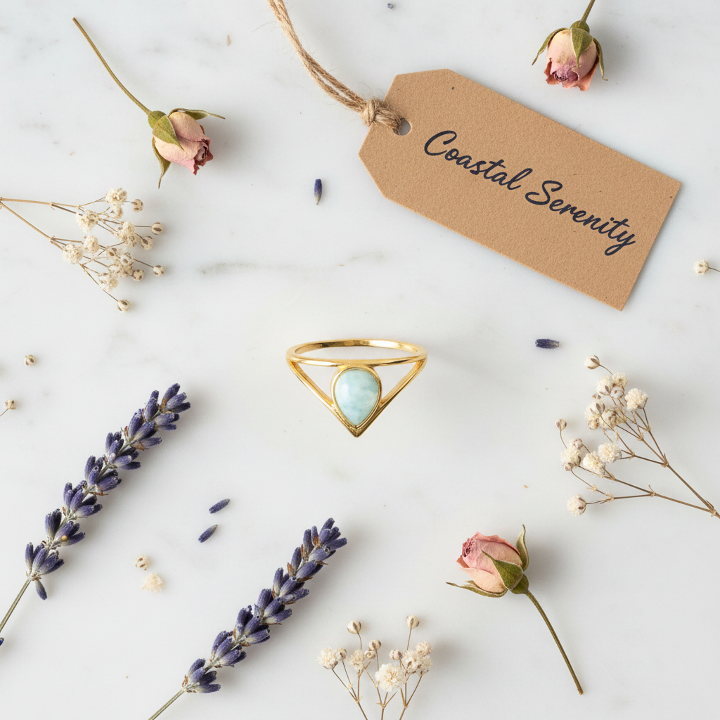 Flat lay bague Mikayla aigue-marine sur marbre blanc