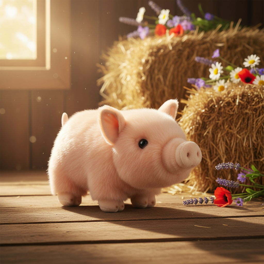 Peluche cochonnet pot-bellied rose Aurora Miyoni dans ambiance ferme rustique lifestyle