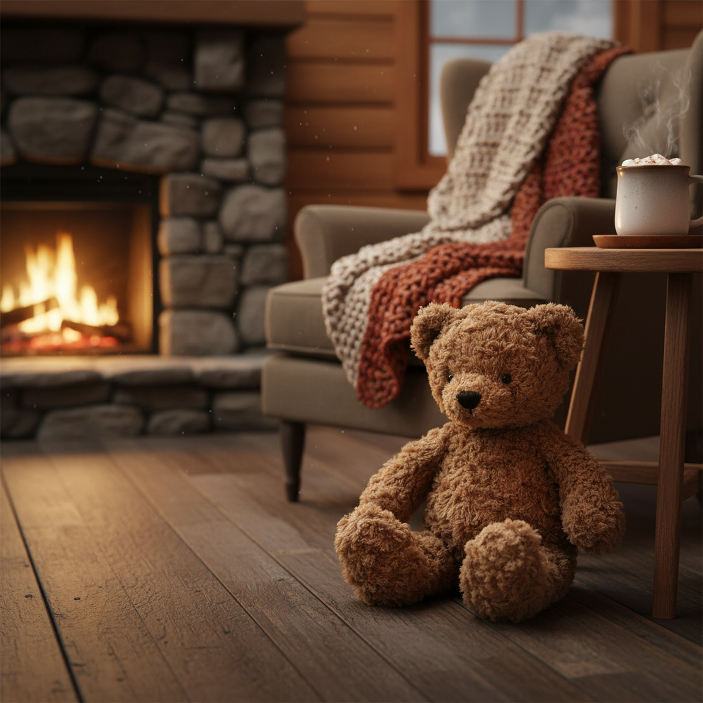 Cocoa Bear brun peluche Mon Ami devant cheminée avec couverture tricot et chocolat chaud ambiance chalet automne