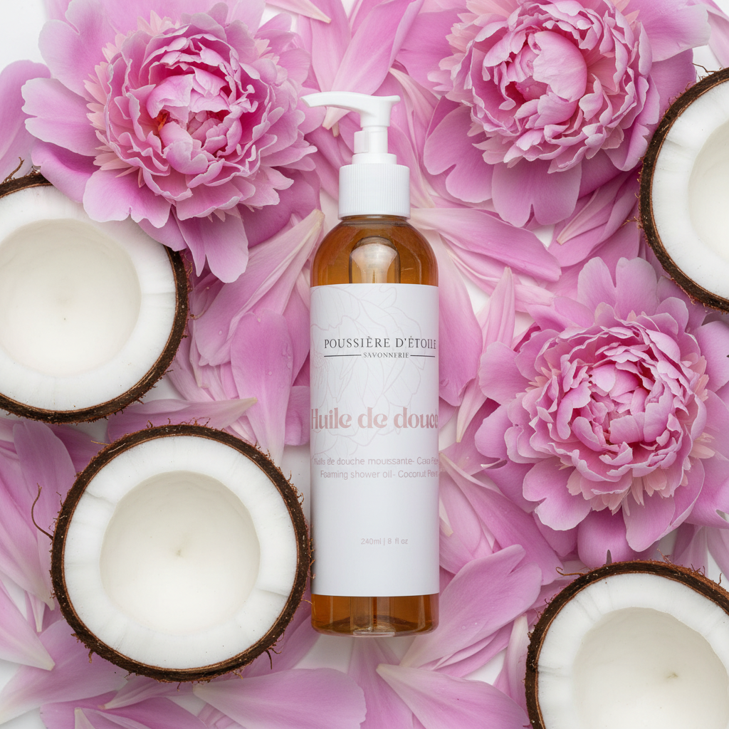 Huile de douche moussante Coco Pivoine Poussière d’Étoile sur fond blanc avec noix de coco et fleurs de pivoine roses