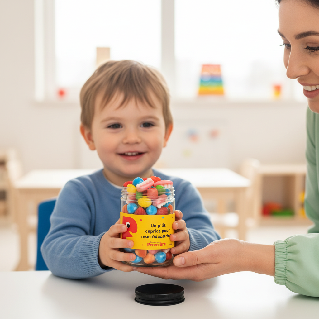 Enfant offrant un petit pot de jujubes Un p'tit caprice pour mon éducatrice
