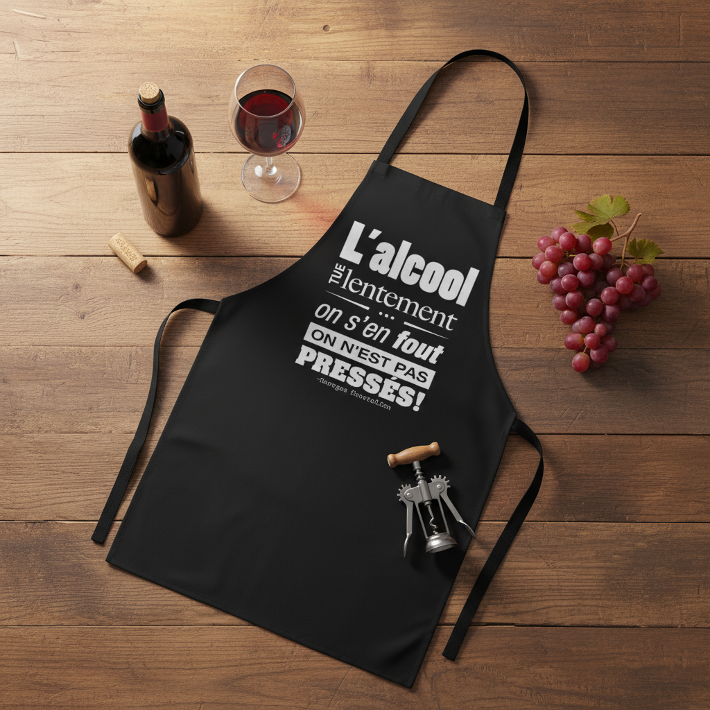 Tablier noir alcool flat lay avec bouteille de vin et verres