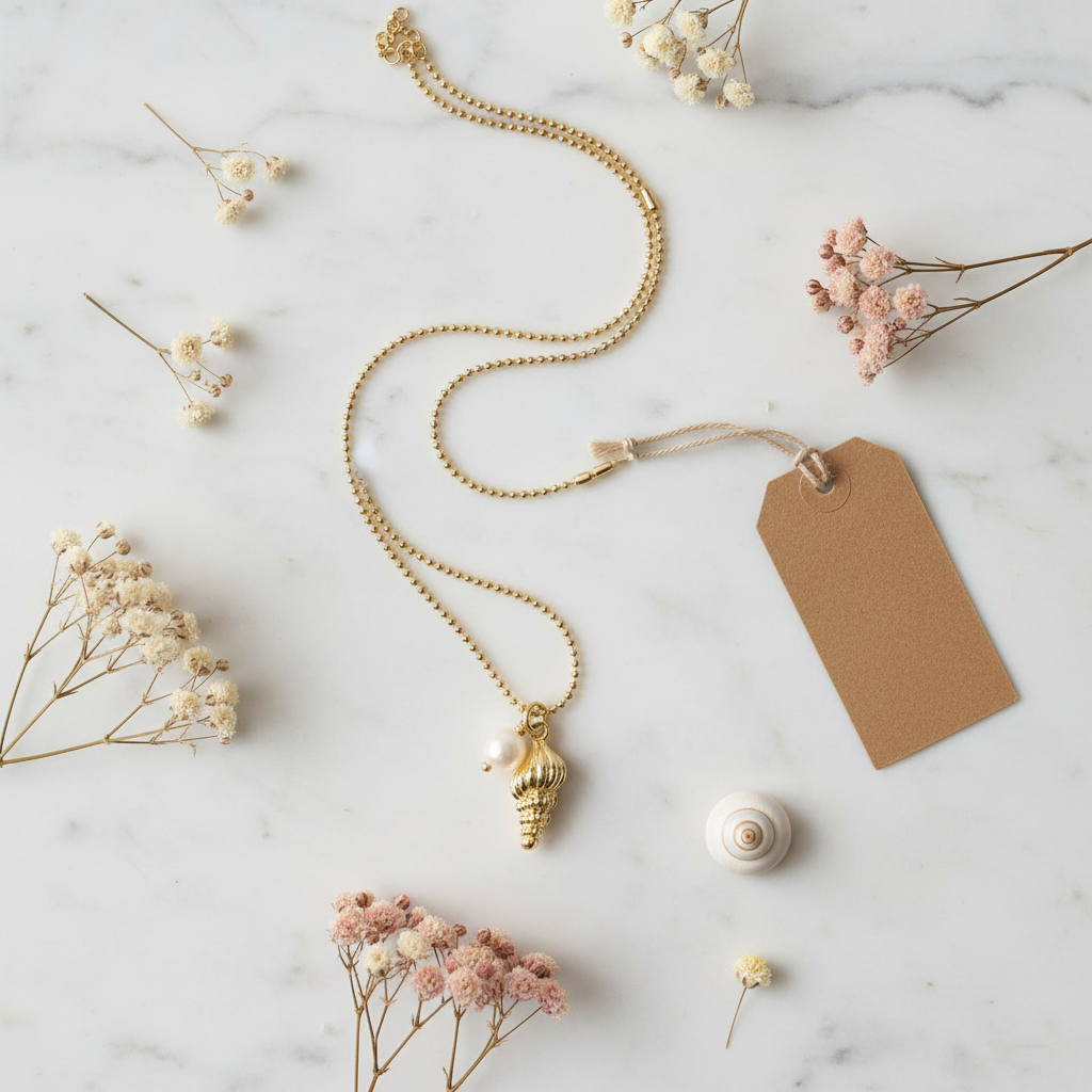 Flat lay collier Arielle conque dorée et perle sur marbre blanc